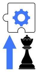 Gear puzzle piece symbolizing solutions, blue arrow for progress, chess king for leadership and strategy. Ideal for teamwork, innovation, business, planning, success, progress flat simple metaphor