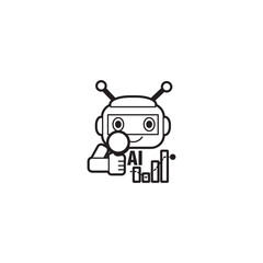 AI Analyzebot - AI robot analyzing data with magnifying glass and chart, representing artificial intelligence in analytics, big data, machine learning, and tech innovation for business intelligence.