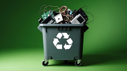 Overflowing trash container with discarded electronics and recycling symbol, representing electronic waste, environmental responsibility, and digital product disposal

