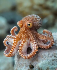 Obraz premium Octopus CloseUp Resting on Rock with Spiral Tentacles and Small Eye, Blurred Underwater Background in Warm Earthy Tones.