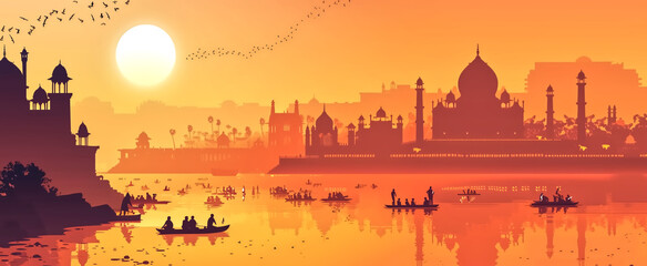 Vector illustration of an Indian festival, with a holy river and