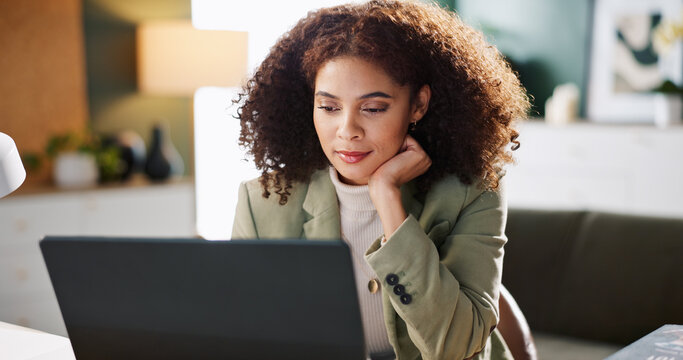 Office, employee and woman with laptop, reading and media coordinator with budget for ad campaign. Online, review and person with tech for audience engagement, startup and schedule in business