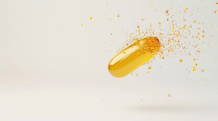 A fish oil pill is seen gracefully falling, isolated on a pristine white background, a remarkable creation brought about by generative AI. The distinct shape and smooth surface of the fish oil pill 
