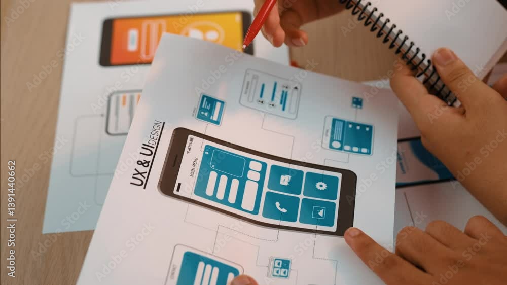 Poster panorama video of startup company employee planning on user interface prototype for mobile applicati