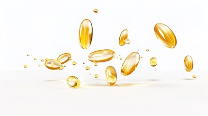 A fish oil pill is seen gracefully falling, isolated on a pristine white background, a remarkable creation brought about by generative AI. The distinct shape and smooth surface of the fish oil pill 