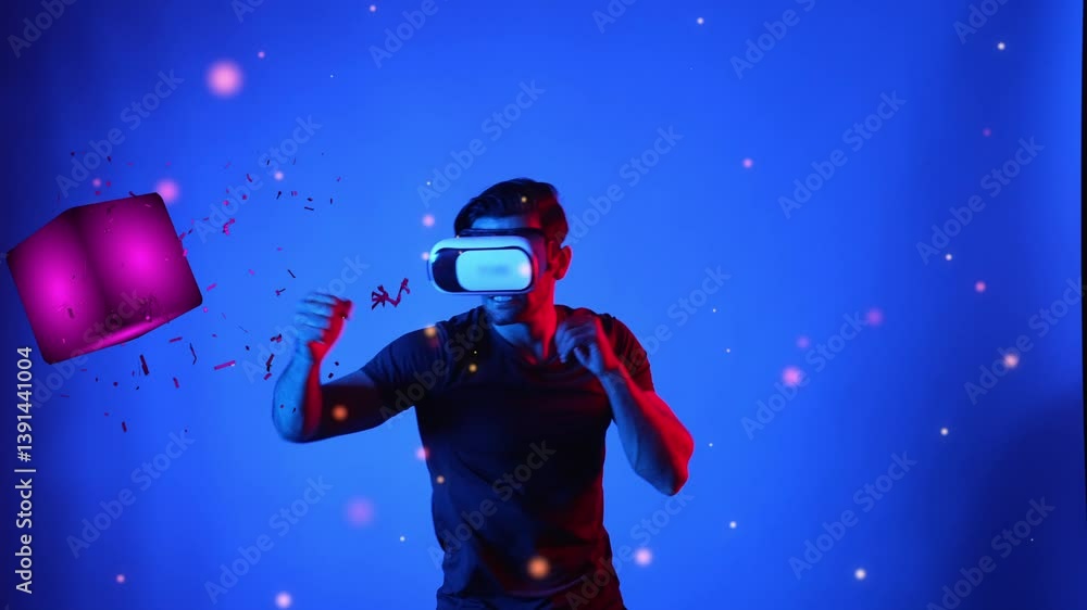 Poster skilled gamer boxing and punching floating box while wearing vr glasses to connect metaverse. male m