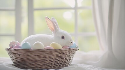 Adorable Bunny Cozy in Wicker Basket Filled with Colorful Eggs in Softly Lit Indoor Setting with Shallow DOF Made with Generative AI Technology