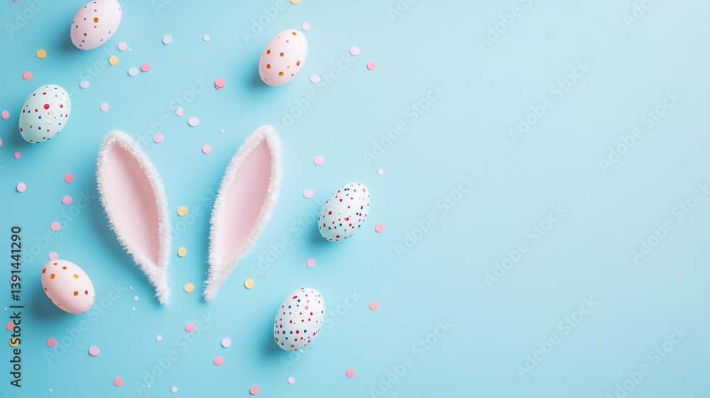 Poster easter bunny ears surrounded by easter eggs on soft pastel blue background with diffused lighting an