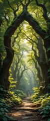 Fototapeta premium A serene forest path meanders through towering trees, their lush green leaves creating a vibrant canopy overhead. Sunlight filters through, casting dappled shadows on the earthy ground.