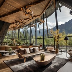 Fototapeta premium Modern eco-friendly hotel lobby featuring stunning mountain view, glass architecture with natural wood accents, sustainable luxury design for green travel experience.