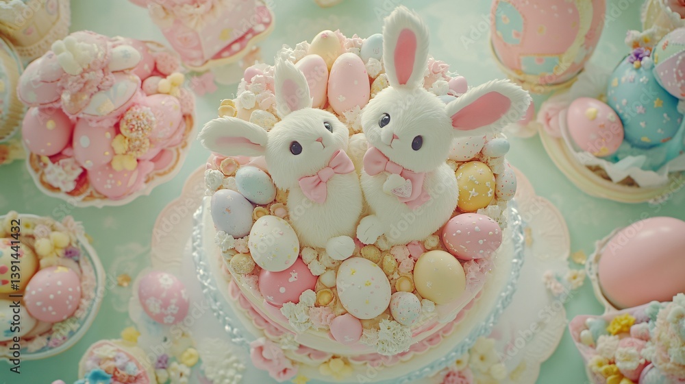 Poster easter-themed cake with bunny figurines and pastel eggs captured from above with hdr texture enhance