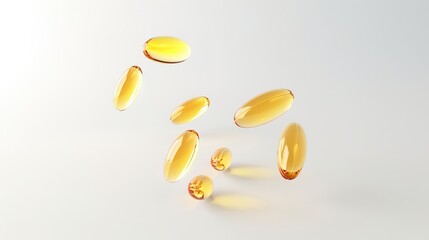 A fish oil pill is seen gracefully falling, isolated on a pristine white background, a remarkable creation brought about by generative AI. The distinct shape and smooth surface of the fish oil pill 