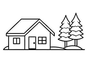 Farm houseplant house, barn coloring page for kids. Garden scene with fence and trees