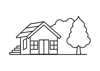 Fototapeta premium Farm houseplant house, barn coloring page for kids. Garden scene with fence and trees