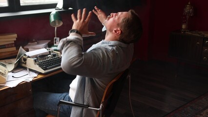 Writer immersed in thought at vintage desk, cinematic soft lighting highlighting typewriter and...