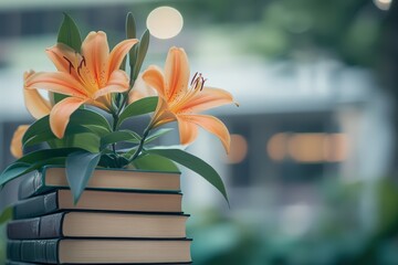 Beautiful orange flowers bloom above a stack of old books