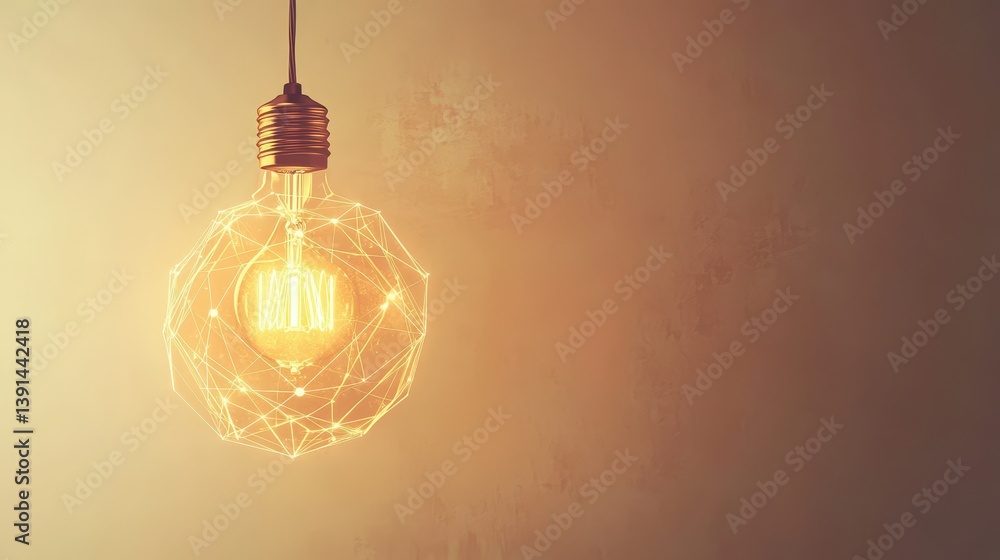 Poster golden lightbulb is hanging with a geometric, network pattern overlayed. it's perfect for visuals ab