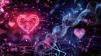 Futuristic digital heart and dna strand visualization in neon colors