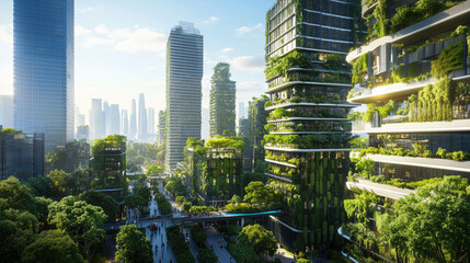 Obraz premium Modern eco city with greenery on skyscrapers.