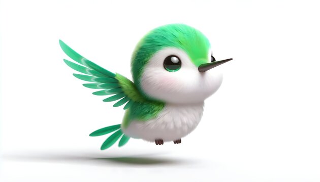 3D baby Xantus's hummingbird with shiny feathers hovering on white background