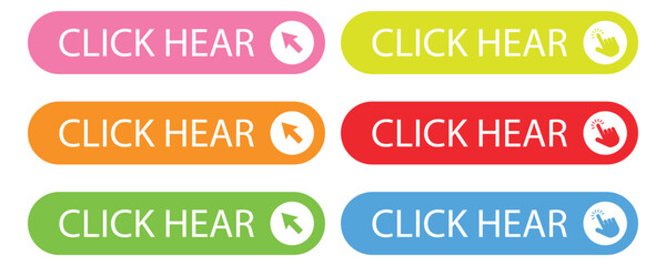 Click web buttons collection, Click Here Button with Click cursor,  Click here web button sign symbol, Vectoe.