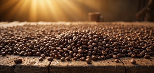 A rustic wooden table showcases a generous pile of rich, dark coffee beans, their glossy surfaces reflecting soft light, creating an inviting atmosphere for coffee lovers.