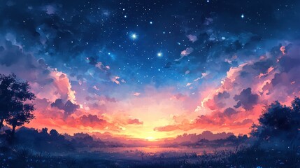 Fototapeta premium Sunset, starry night, field, trees, peaceful landscape, digital art, background, illustration, website design