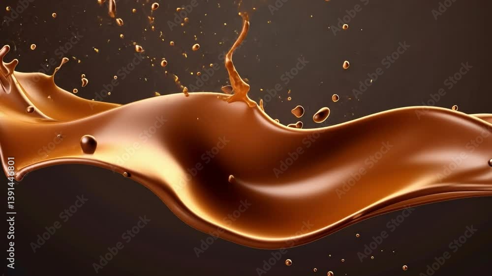 Poster smooth dark chocolate liquid flows gracefully, creating dynamic splashes and droplets against rich b