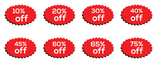 Set of vector red starburst, sunburst badges, Simple flat style vintage labels, stickers with sale discount text Sale tag icon set.