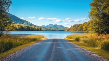 Scenic lake with mountains, trees, clear sky on a sunny day. Ideal for travel, nature, adventure, recreation related themes.