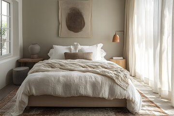 A serene bedroom with a simple platform bed dressed in white linen and a piece of abstract wall art