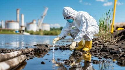 Scientist in hazmat suit collecting water sample from contaminated river near industrial plant for pollution analysis