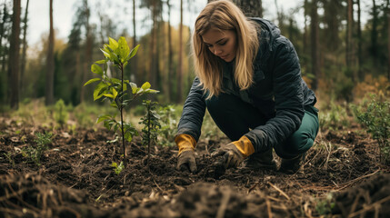 Woman planting trees, caring for the environment