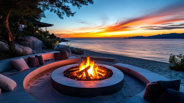 A glowing fire pit on a private beach with sleek modern seating. background