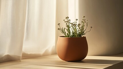 Fototapeta premium A minimalist terracotta planter styled on a windowsill with soft morning light. background