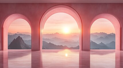 Fototapeta premium Pink arched room with mountain sunset view.