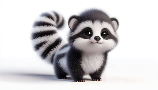 Charming baby zorilla with fluffy tail and curious eyes in 3D design on isolated white background