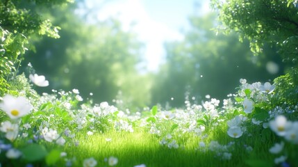 Lush, vibrant forest meadow filled with white flowers and green grass. Sunlight filters through the trees, creating a serene and peaceful atmosphere