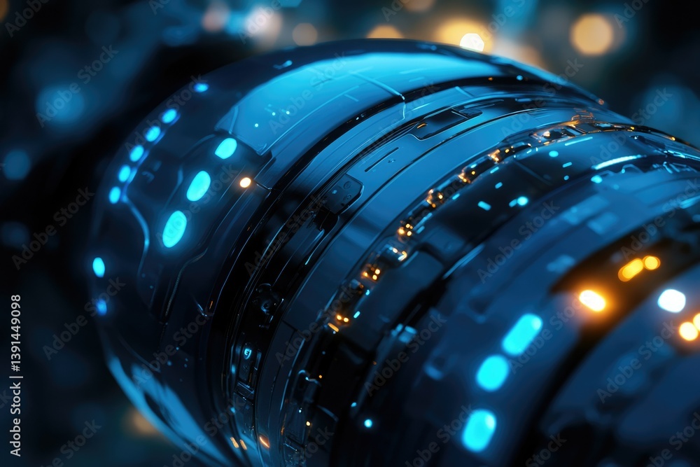Aufkleber futuristic blue and black textured device with glowing lights and intricate details suggesting advan
