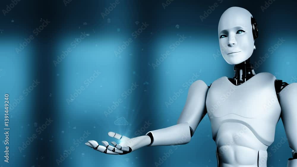 Poster ai robot huminoid uses cloud computing technology to store data on online server . futuristic concep