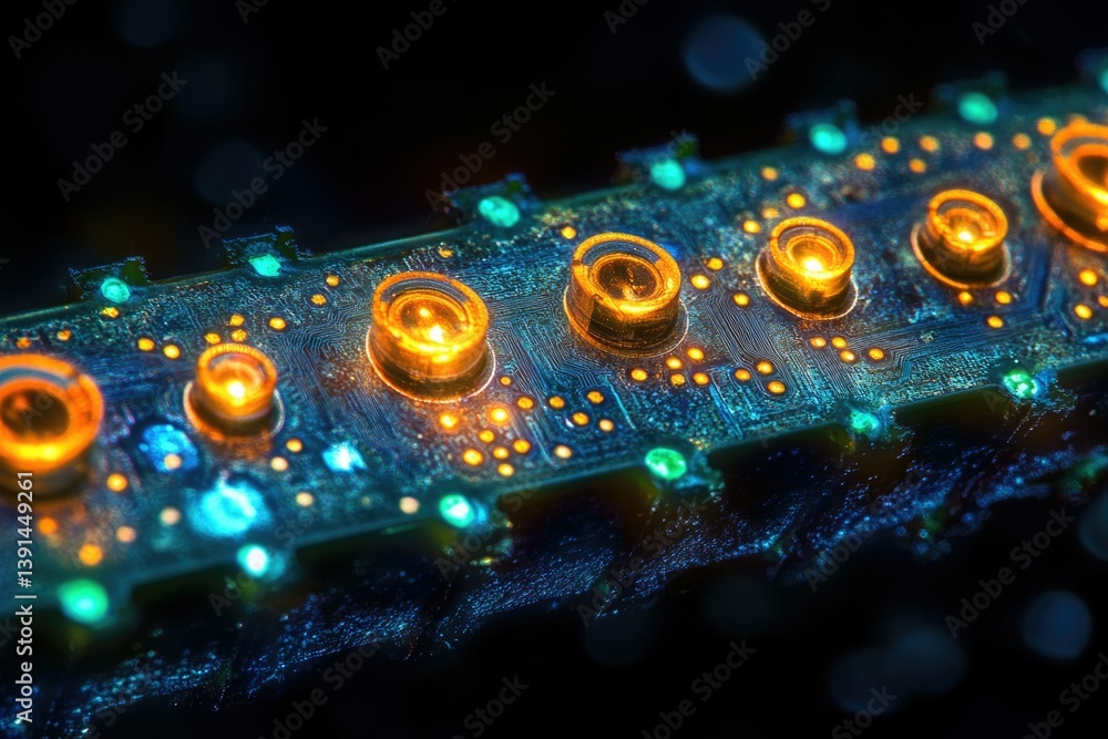 Aufkleber A detailed, close-up view of a circuit board, featuring illuminated components and intricate design elements, set against a dark backdrop.