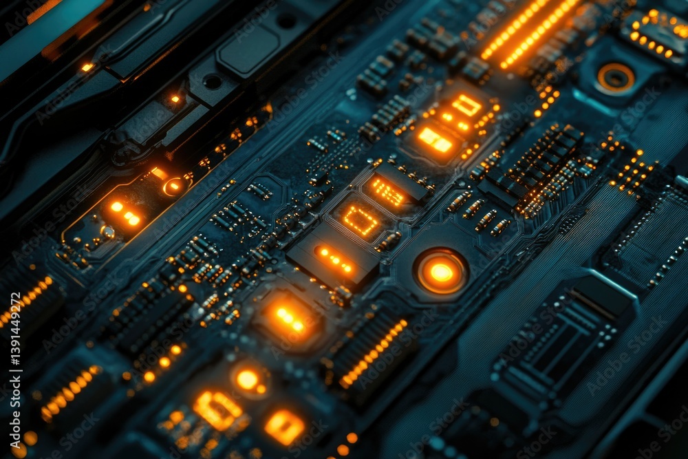 Poster A close-up of a complex circuit board with glowing orange lights, highlighting intricate components and advanced technology.
