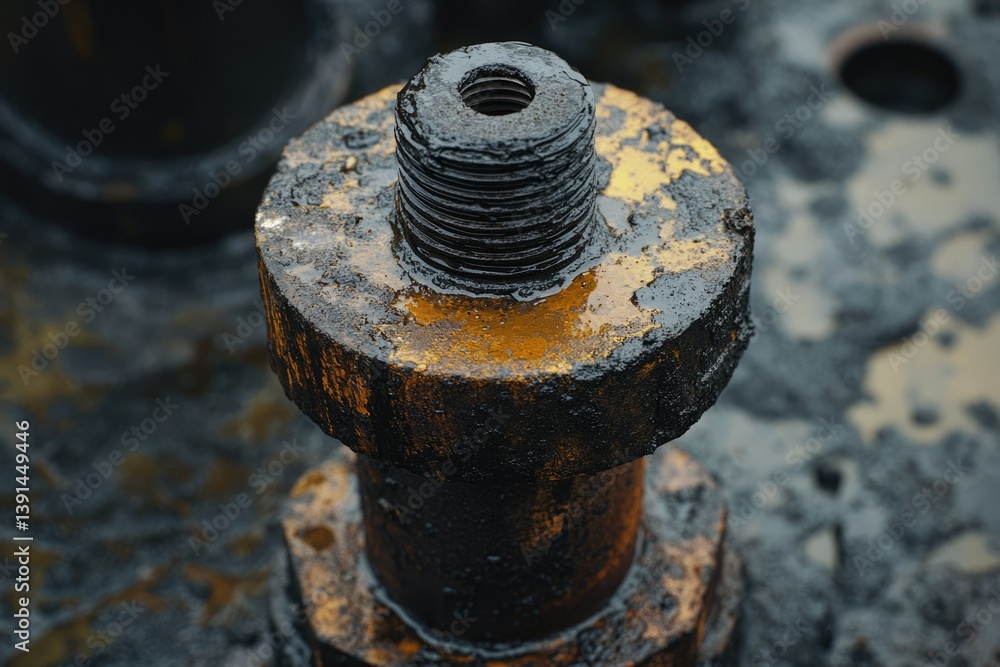 Poster a close-up shot showcasing a large, old, and greasy bolt with visible threads, showing its industria