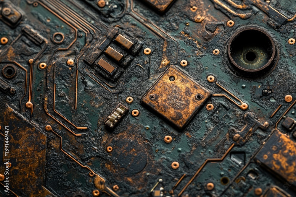 Poster Close-up of an old, corroded circuit board with intricate copper traces and rusty components, revealing wear and age.
