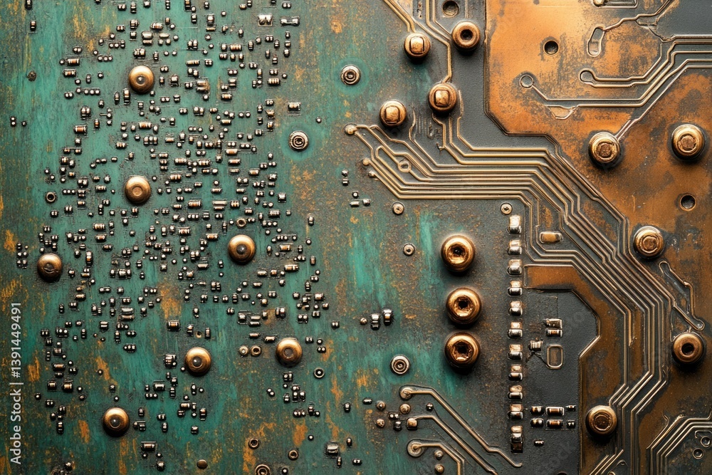 Aufkleber detailed macro shot of an old, textured, and weathered circuit board with intricate copper traces an