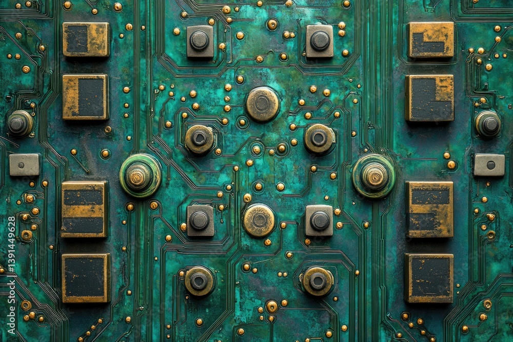 Fototapete detailed view of a complex, aged circuit board with intricate patterns and golden metallic elements,