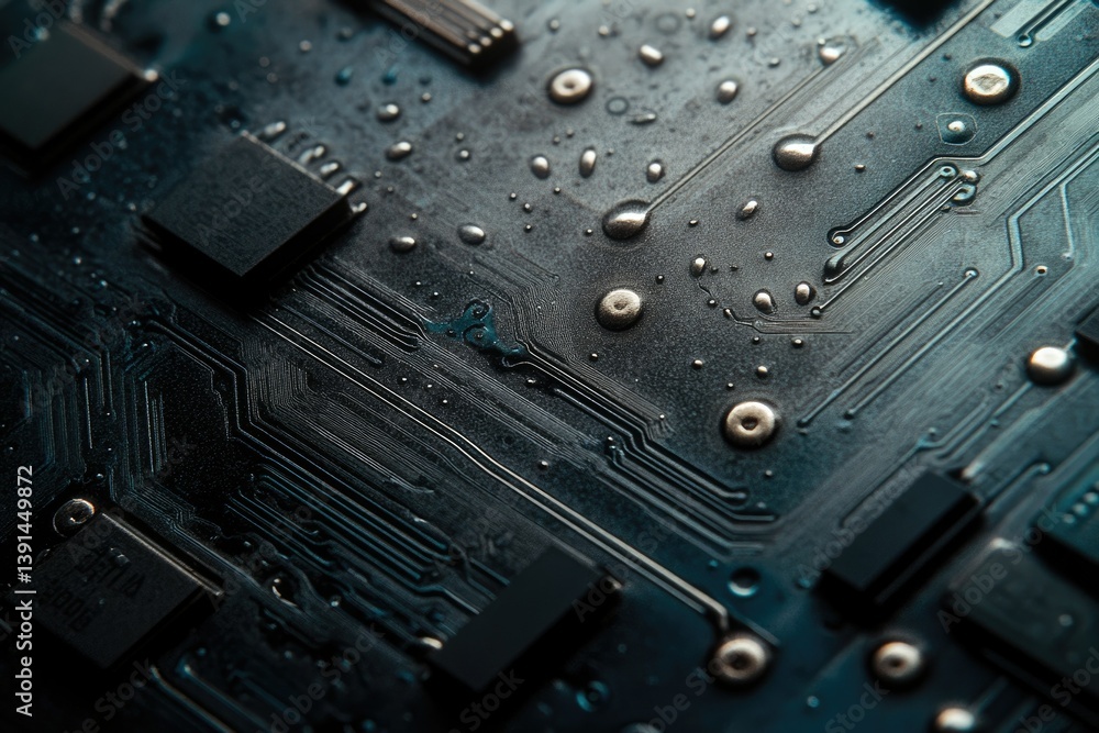 Poster a macro shot of a circuit board with water droplets, showcasing intricate details and technology.
