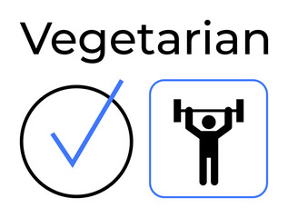 Check mark and weightlifting icon promote vegetarianism and active living. Ideal for wellness, health, diet, lifestyle, fitness, motivation, branding. Clean flat simple metaphor