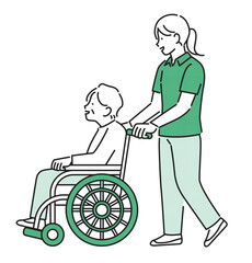イラスト素材【介護イメージ】：車いすを押す若い介護士