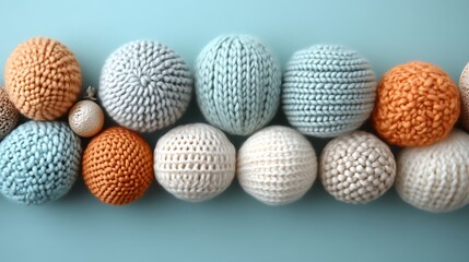 Knitted spheres in pastel colors on blue background.